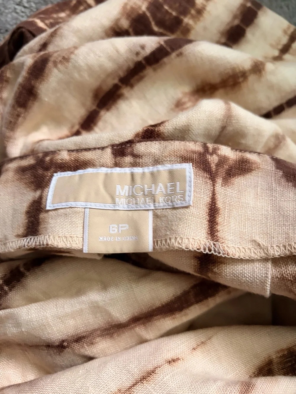 Michael Kors Linen Brown and Cream Tie-Dye A-Line Midi Skirt